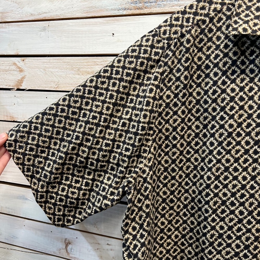 Brandini Black Tan 100% Silk Short Sleeve Button Down Geometric Shirt Large - Picture 2 of 5